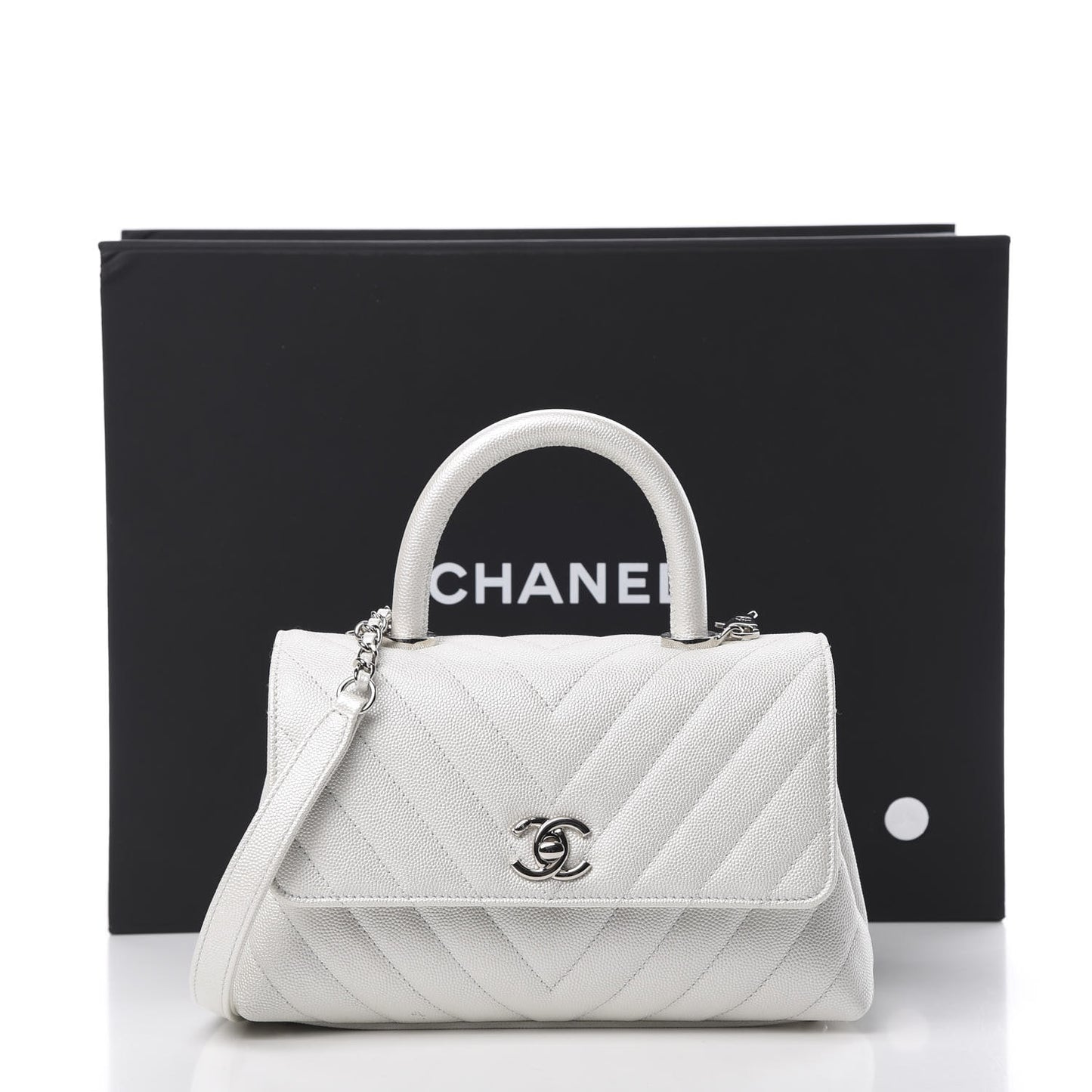 Iridescent Caviar Chevron Quilted Mini Coco Handle Flap White