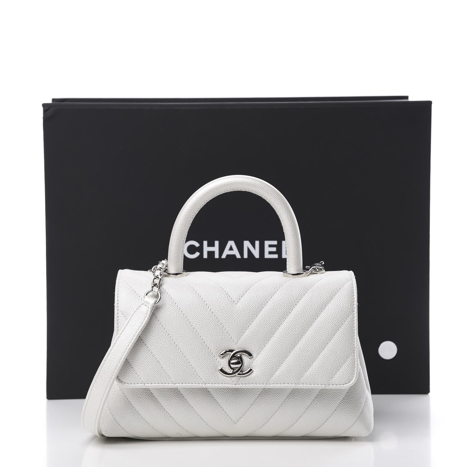 Chanel Iridescent Caviar Chevron Quilted Mini Coco Handle Flap White 14 of 14