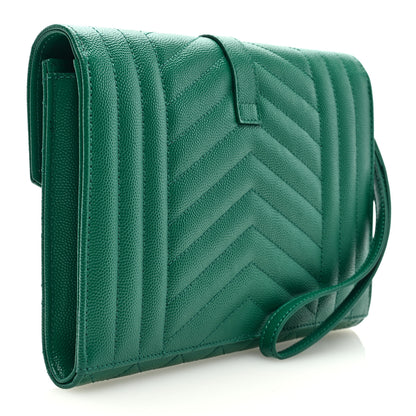 Saint Laurent Grain De Poudre Textured Mixed Matelasse Triquilt Monogram Clutch Green Field 3 of 6