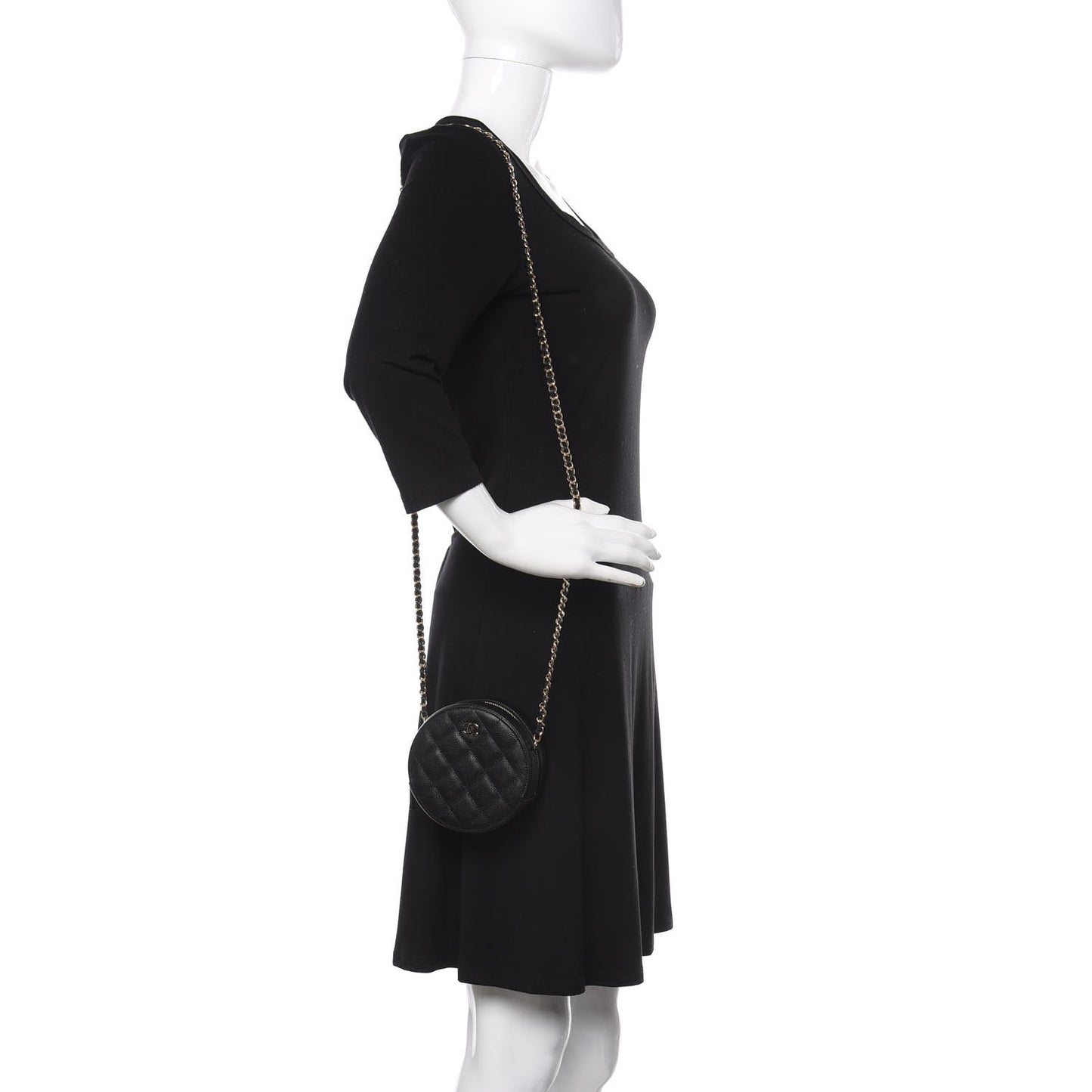 Caviar Quilted Round Clutch With Chain Black