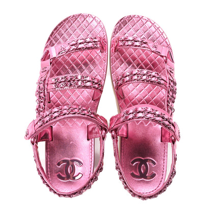 Chanel Metallic Laminated Goatskin Chain Flat Sandals 41 Pink 2 of 10