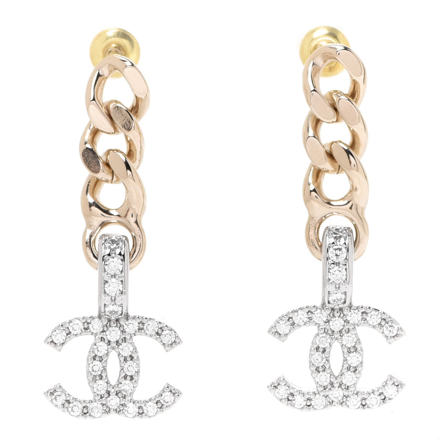 Metal Crystal CC Chain Drop Earrings Gold