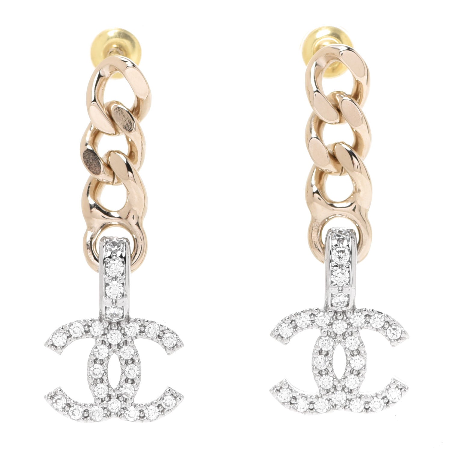 Chanel Metal Crystal CC Chain Drop Earrings Gold 1 of 4