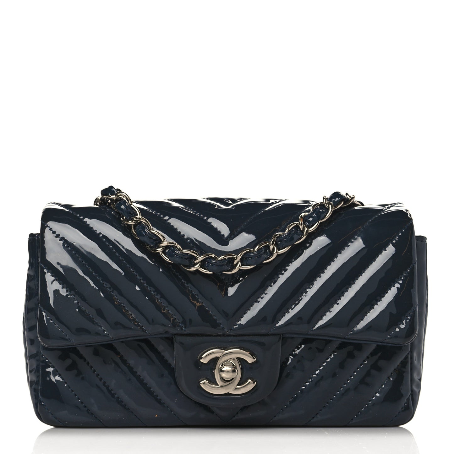 Patent Calfskin Chevron Quilted Mini Rectangular Flap Navy Blue