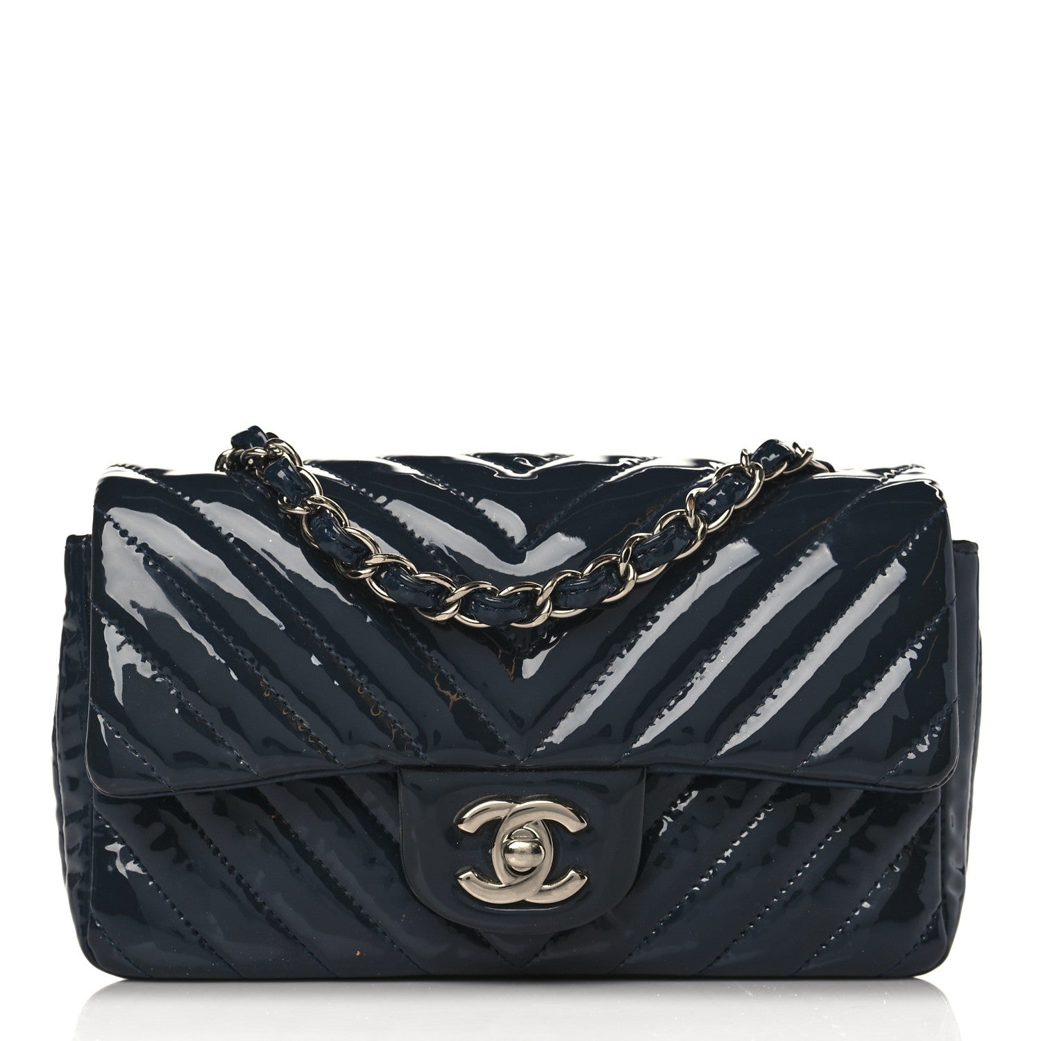 Chanel Patent Calfskin Chevron Quilted Mini Rectangular Flap Navy Blue 1 of 14