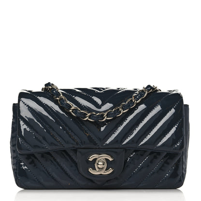 Chanel Patent Calfskin Chevron Quilted Mini Rectangular Flap Navy Blue 1 of 14
