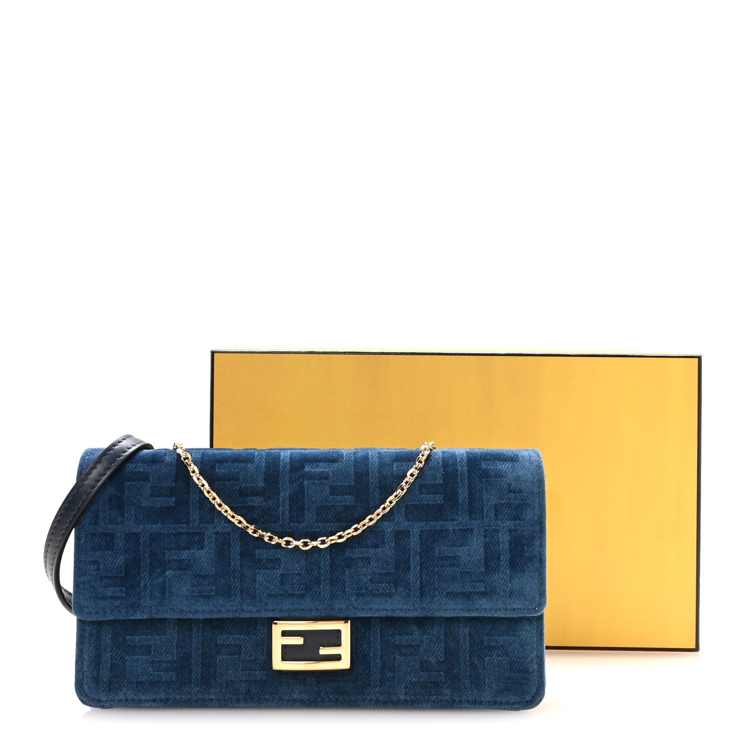 Fendi Flocked Denim FF Wallet On Chain Baguette Blue Abyss 10 of 10