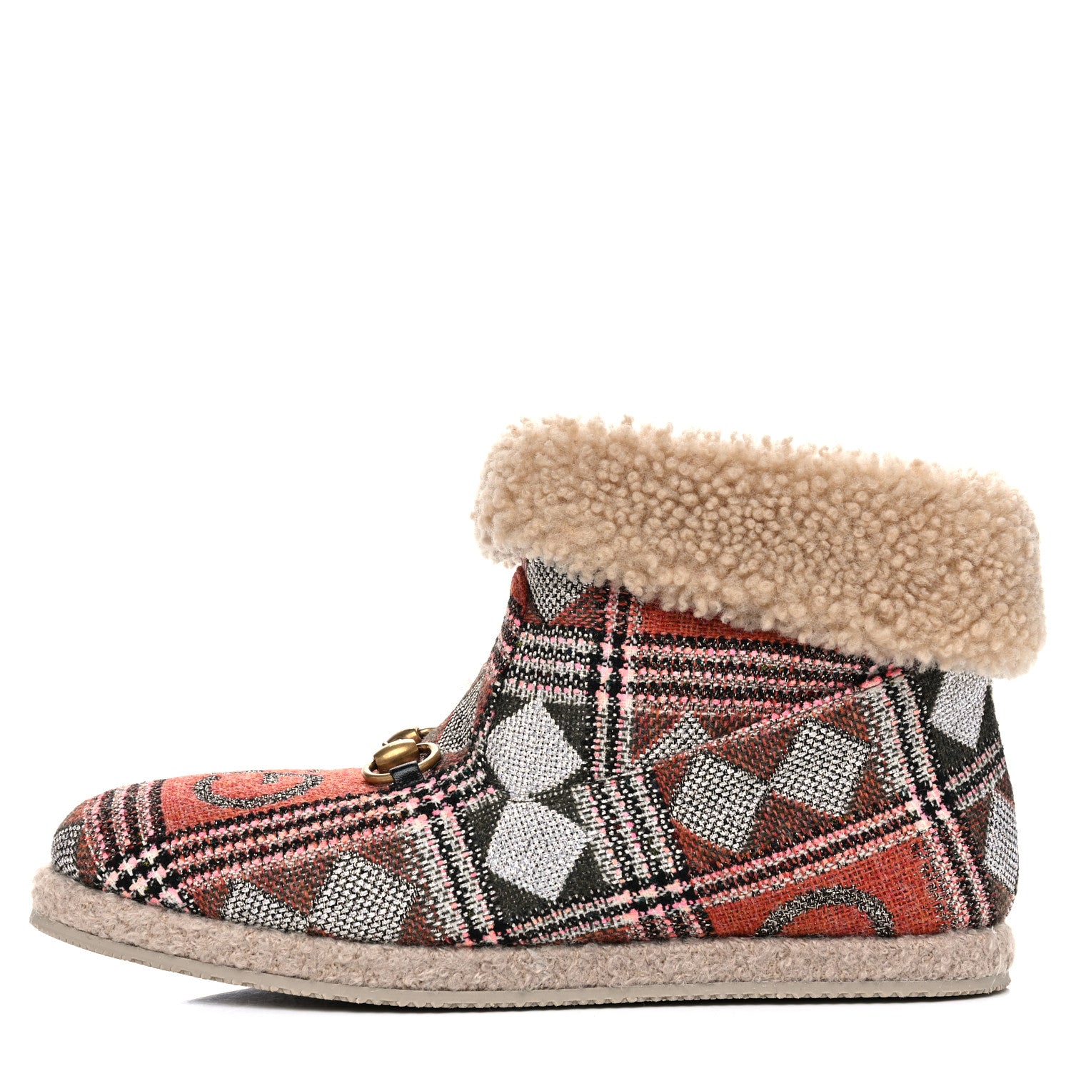 Gucci Tweed Wool Fancy Geometric GG Womens Fria Horsebit Ankle Boots 41 Black Ivory Butterscotch 1 of 8