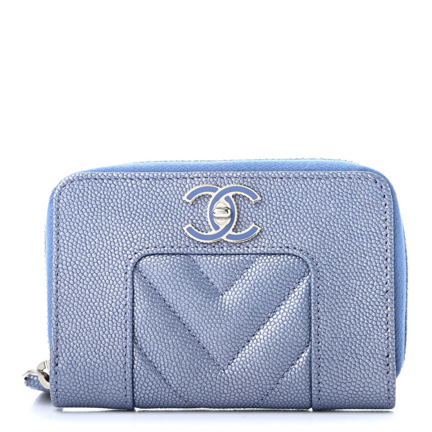 Metallic Caviar Chevron Quilted Vintage Mademoiselle Zip Coin Purse Light Blue