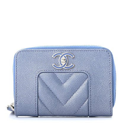 Chanel Metallic Caviar Chevron Quilted Vintage Mademoiselle Zip Coin Purse Light Blue 1 of 7