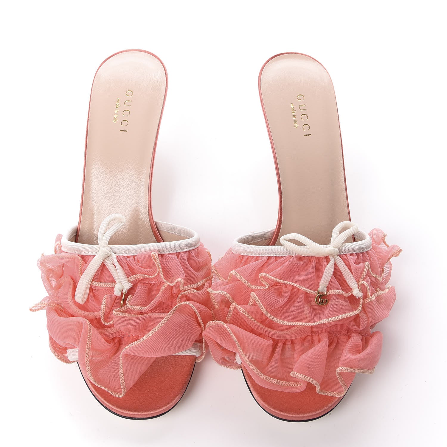 Gucci Tulle Ruffle Low Heel Slide Sandals 37.5 Peach White 4 of 10