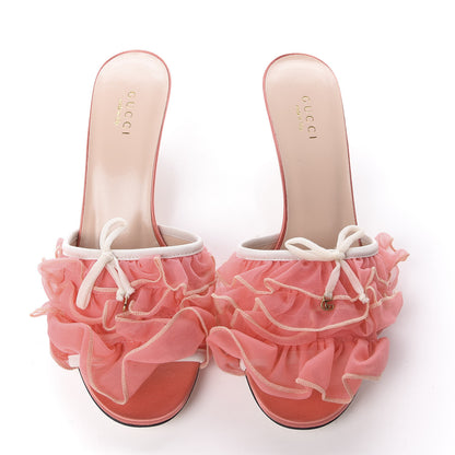 Gucci Tulle Ruffle Low Heel Slide Sandals 37.5 Peach White 4 of 10
