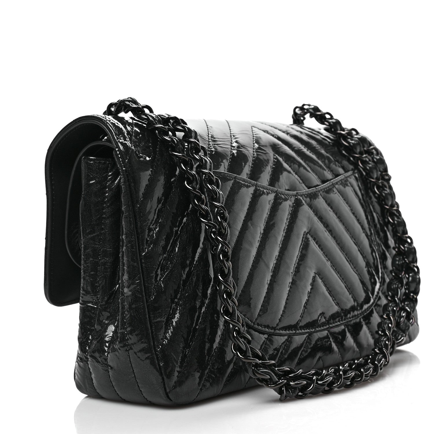 Chanel Metallic Patent Crumpled Calfskin Chevron Quilted Medium Double Flap So Black 3 of 9