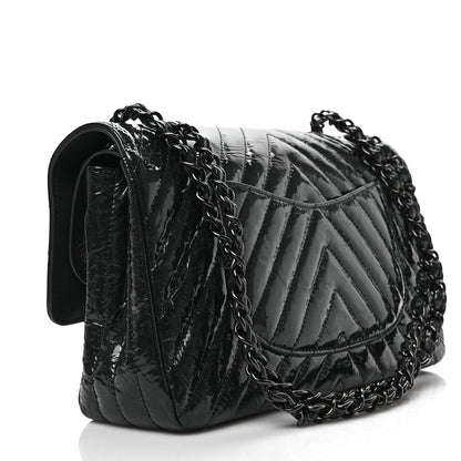Chanel Metallic Patent Crumpled Calfskin Chevron Quilted Medium Double Flap So Black 3 of 9