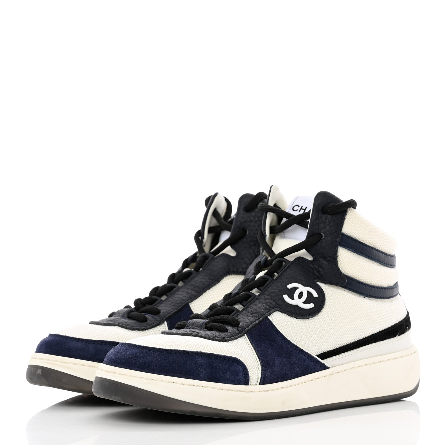 Chanel Suede Fabric Grained Calfskin Womens CC High Top Sneakers 37 White Navy 3 of 21