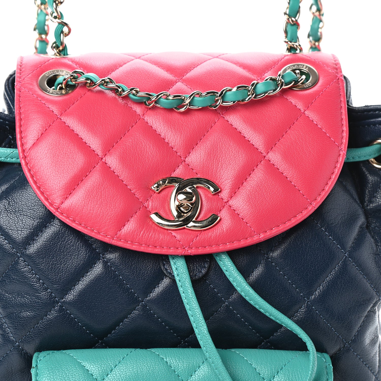 Chanel Goatskin Quilted Duma Drawstring Backpack Navy Turquoise Pink 8 of 10