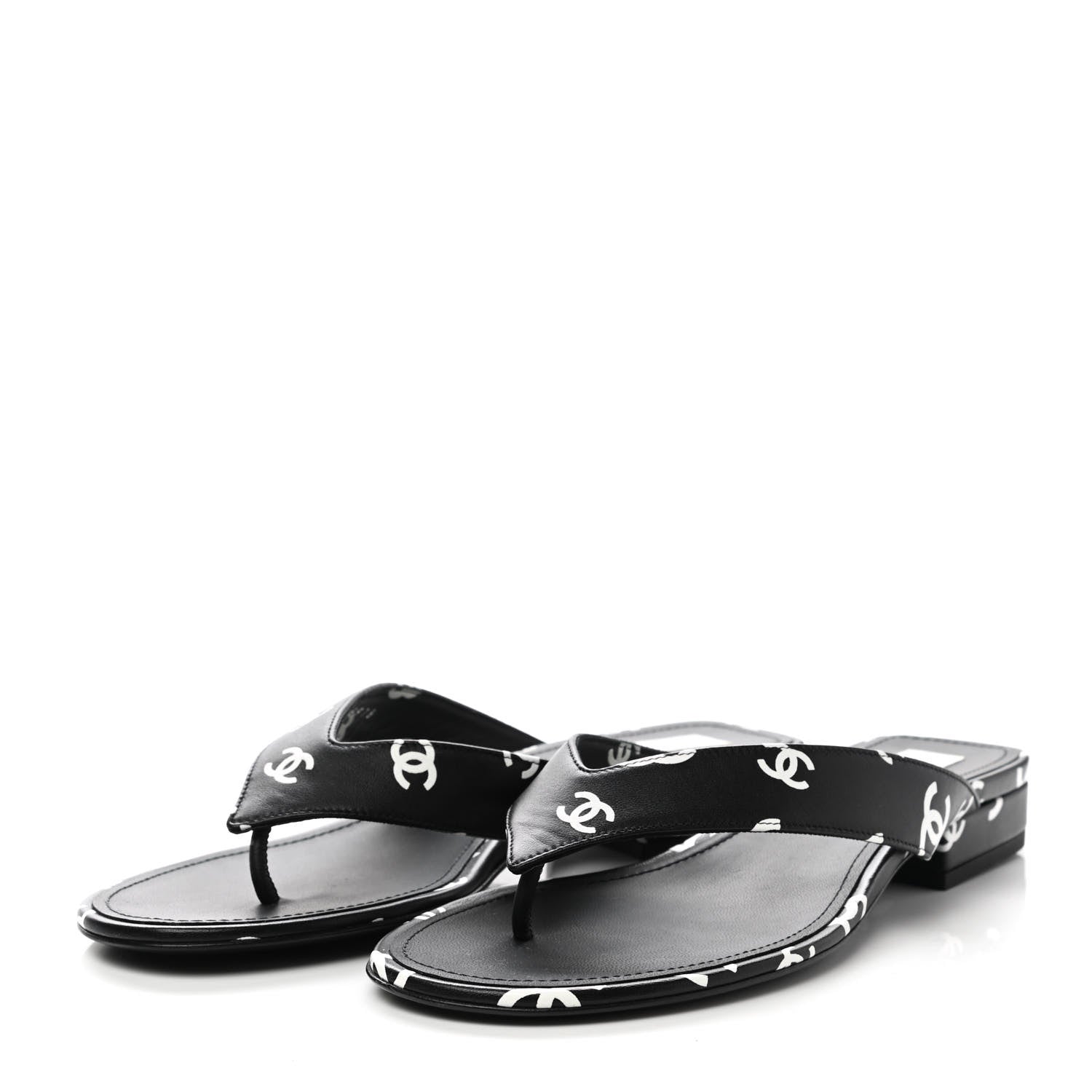 Chanel Lambskin Printed CC Thong Sandals 39 Black White 3 of 9
