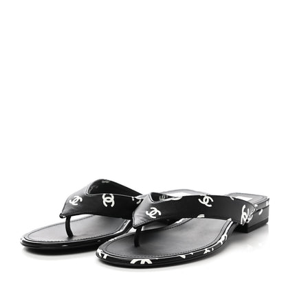 Chanel Lambskin Printed CC Thong Sandals 39 Black White 3 of 9