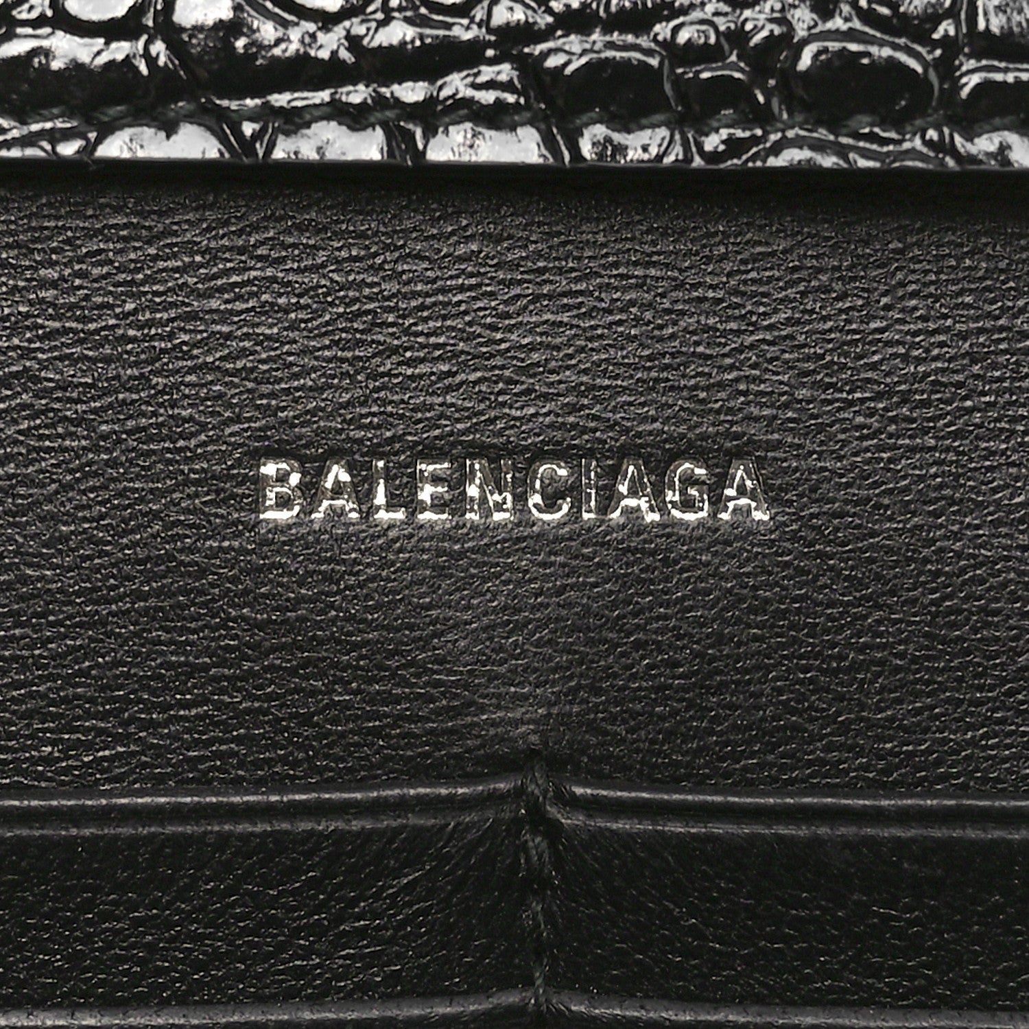 Balenciaga Shiny Calfskin Strass Monochrome Crocodile Embossed Hourglass Chain Bag Black 6 of 9