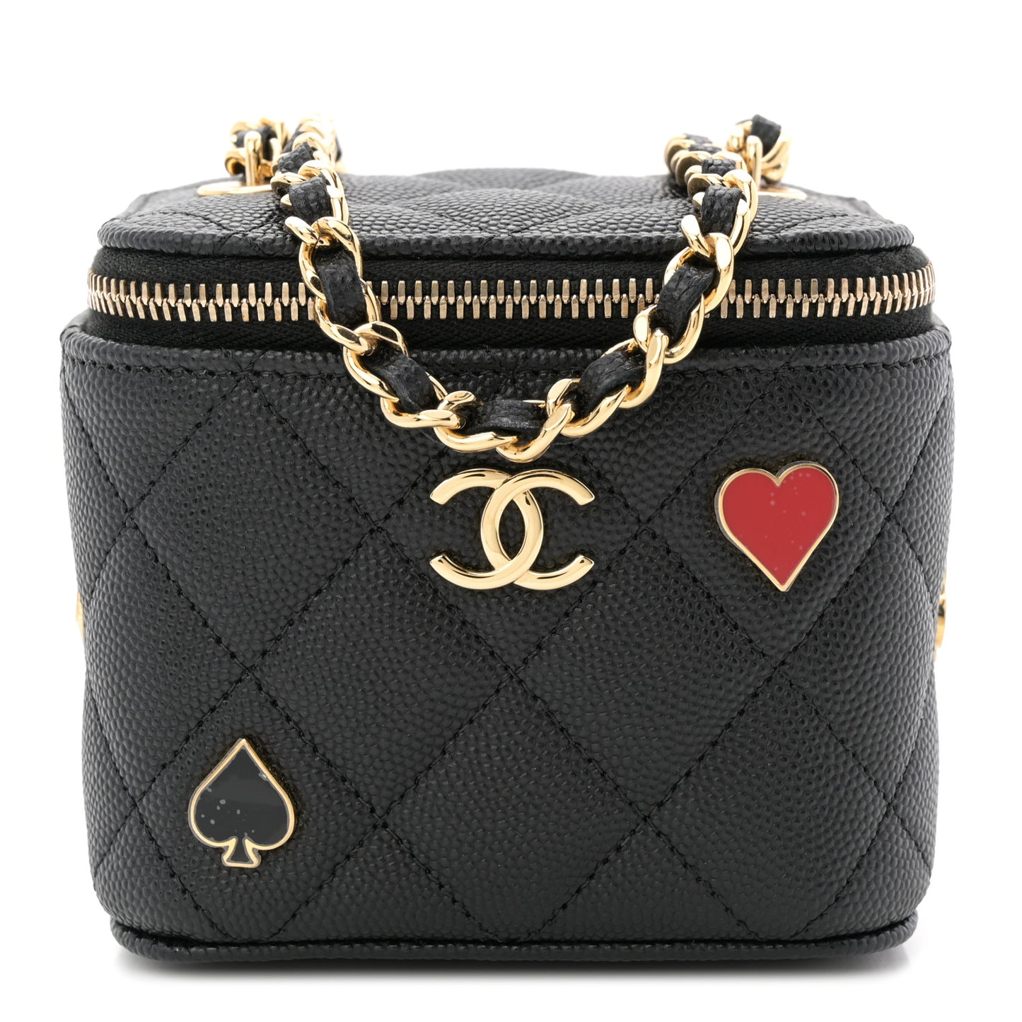 Caviar Quilted Enamel Coco Casino Mini Vanity Case With Chain Black