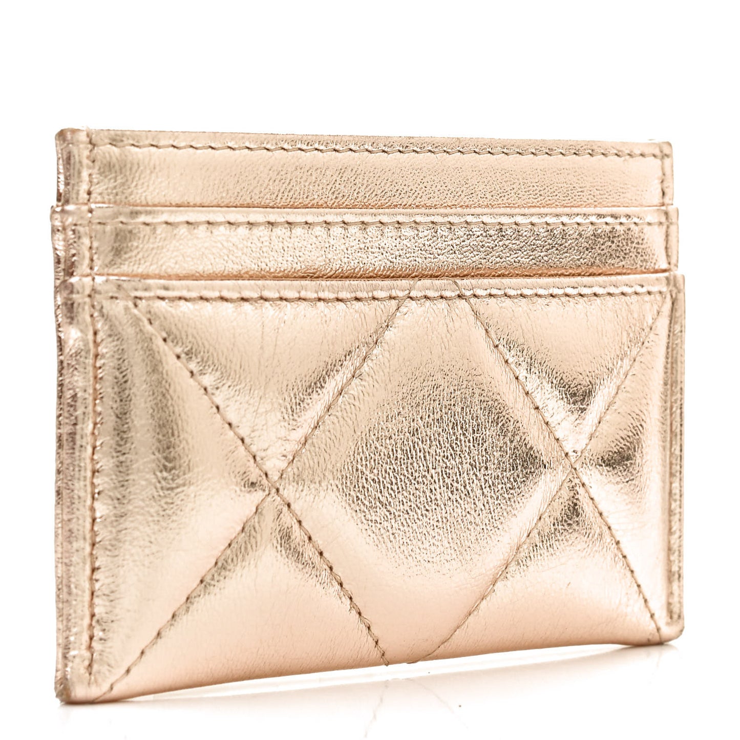 Metallic Lambskin Quilted Chanel 19 Card Holder Gold