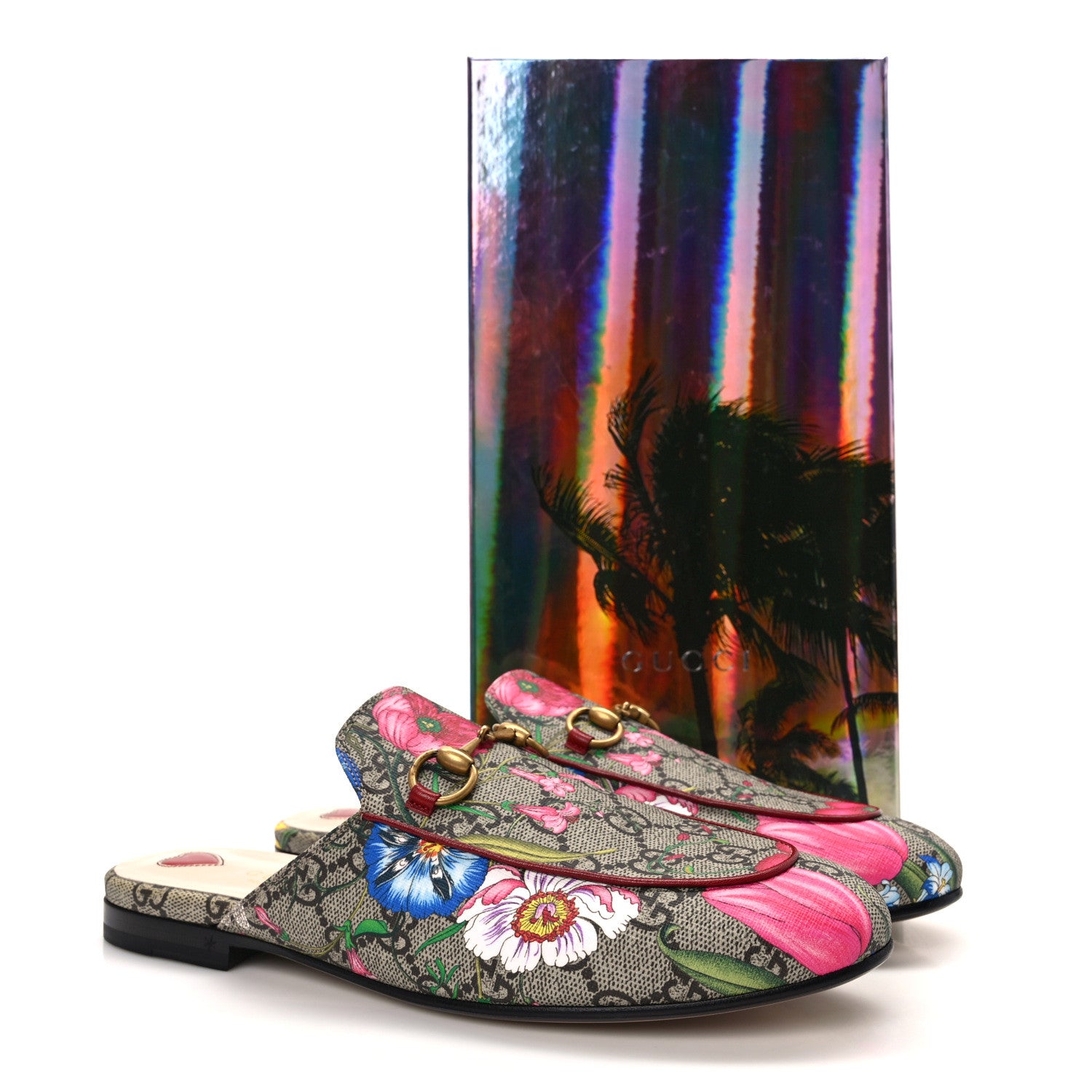 Gucci GG Supreme Monogram Flora Womens Princetown Slippers 37.5 Beige Ebony Multicolor Rosso 8 of 8