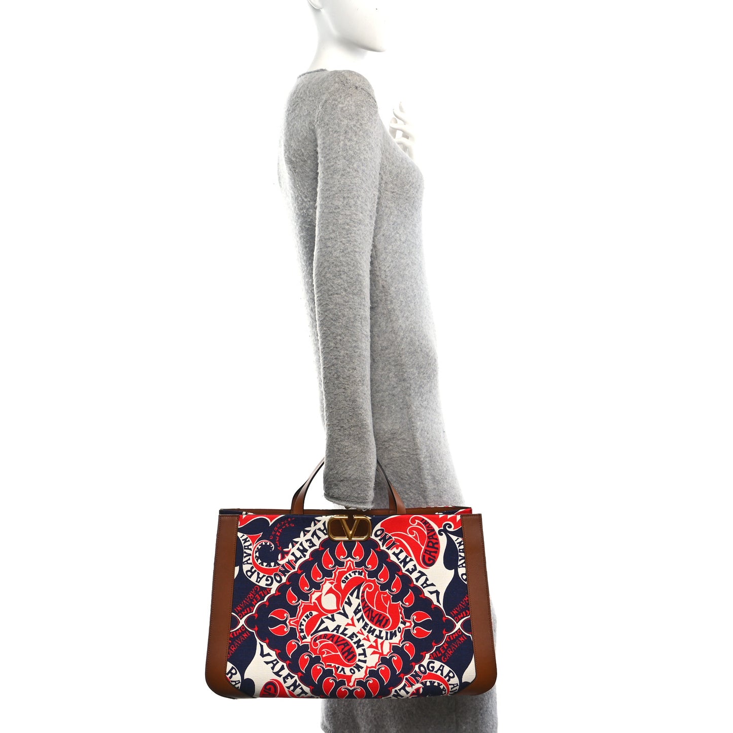Canvas Calfskin Large Vlogo Manifesto Bandana Print Tote Red Multicolor