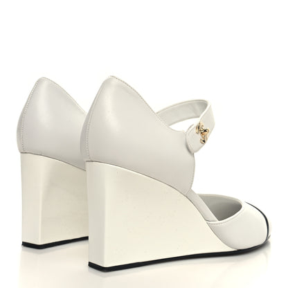 Chanel Lambskin Patent Cap Toe Mary Jane Wedge Pumps 41 White Black 4 of 9