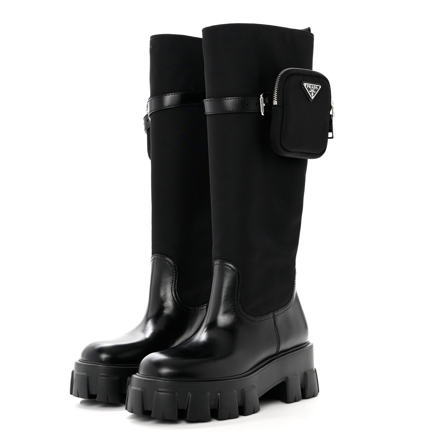 Prada Spazzolato Rois Re-Nylon Metal Triangle Logo Monolith Pouch Pocket 55mm Tall Boots 37 Black 3 of 8