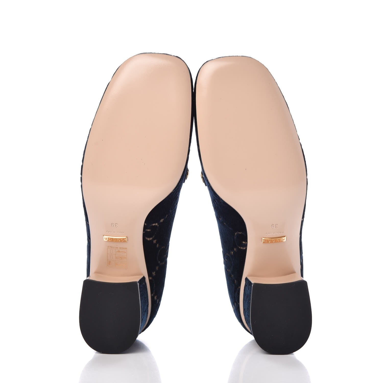 Gucci Velvet GG Monogram Sylvie Web Chain Mid Heel Loafers 39 Blue Beige 5 of 10