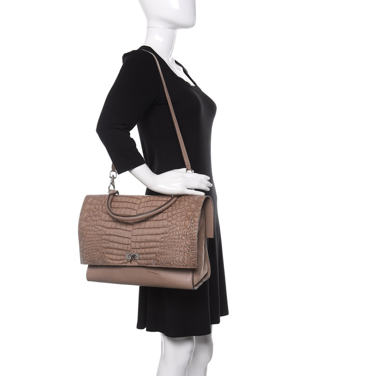 Calfskin Crocodile Embossed Medium Shark Lock Satchel Sand