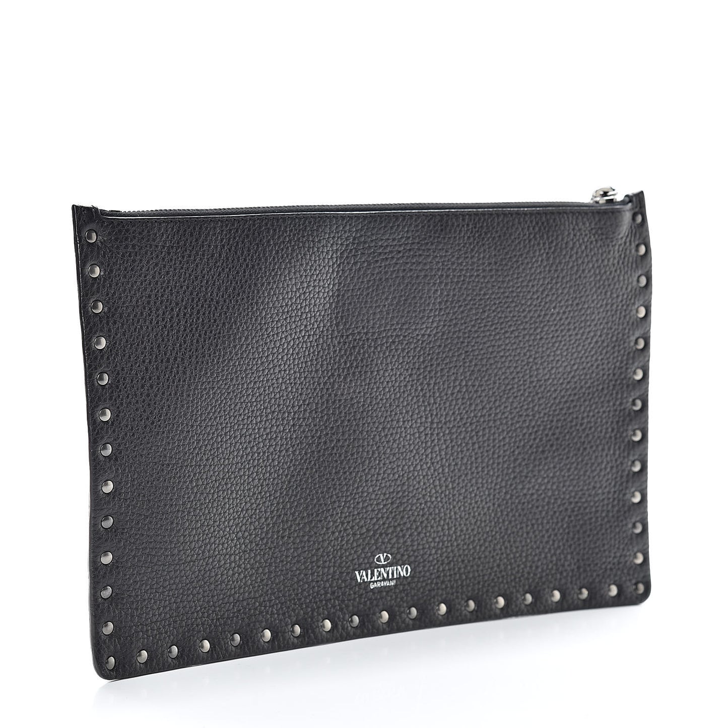 Pebbled Calfskin Onyx Large Rockstud Rolling Zip Pouch Black