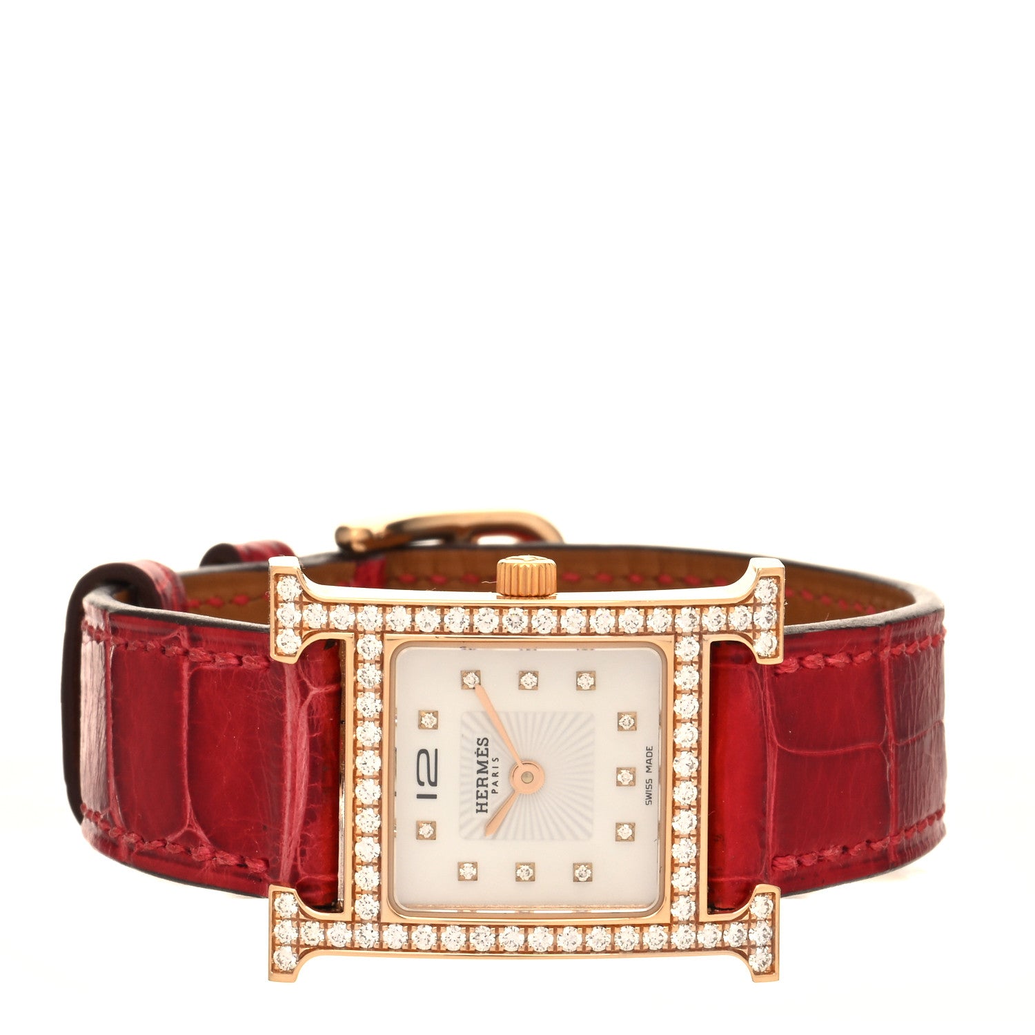 Hermes 18K Rose Gold Alligator Diamond Bezel Mother of Pearl 21mm Heure H Hour Quartz Watch Braise 2 of 5