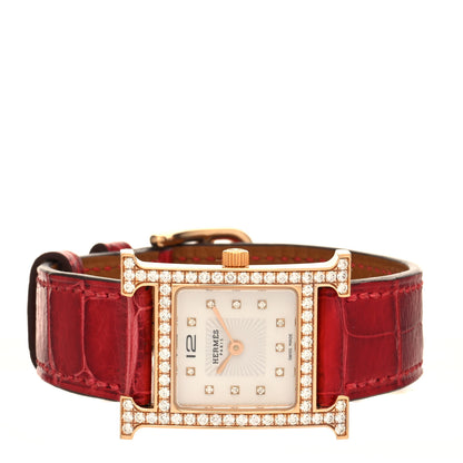 Hermes 18K Rose Gold Alligator Diamond Bezel Mother of Pearl 21mm Heure H Hour Quartz Watch Braise 2 of 5