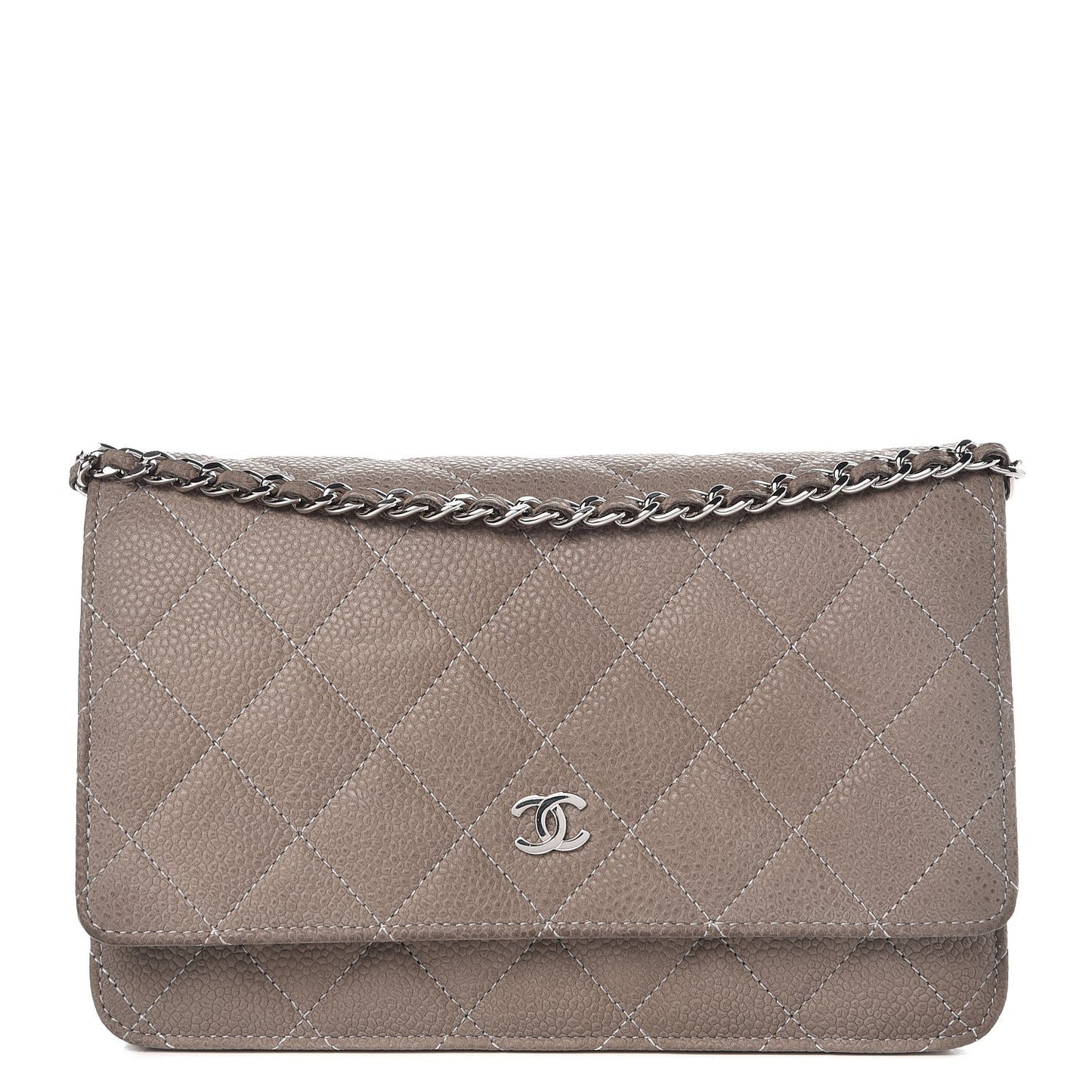 Iridescent Caviar Quilted Wallet On Chain WOC Gray