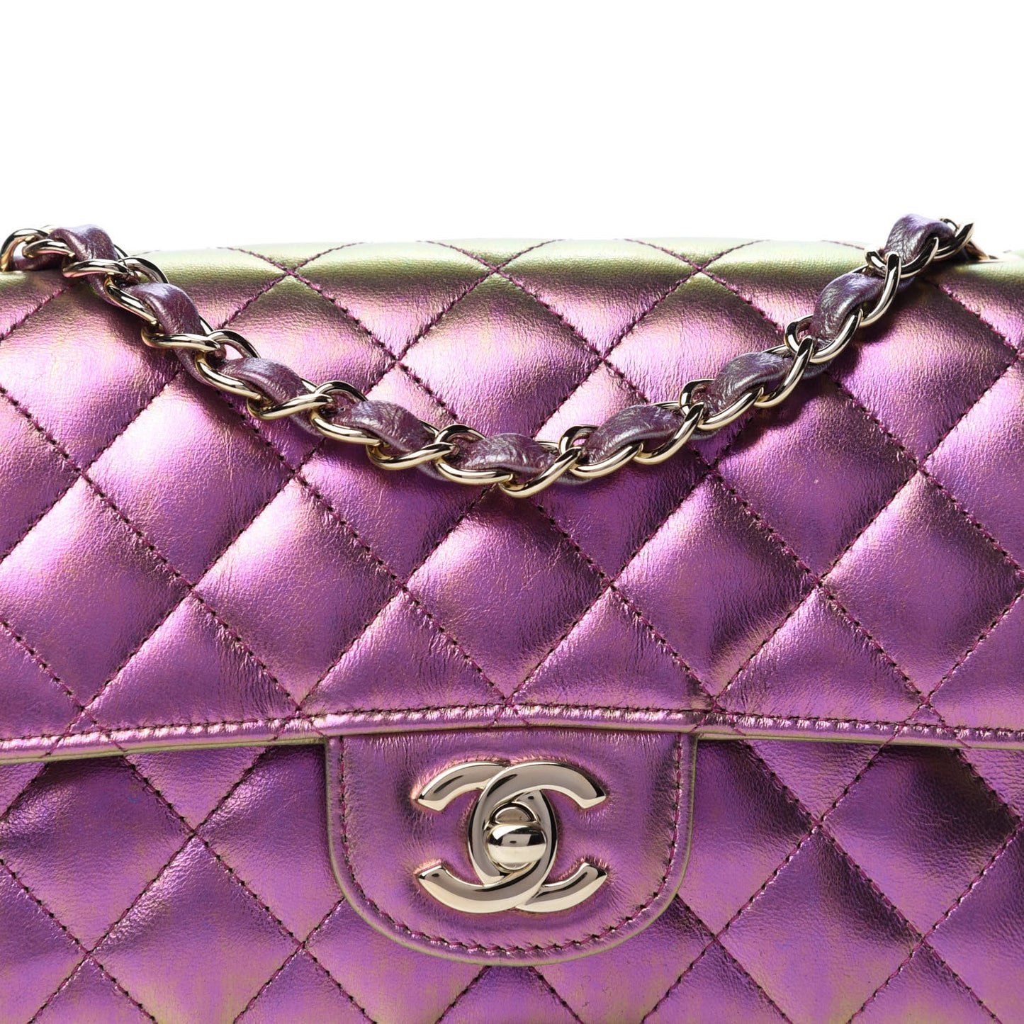 Iridescent Lambskin Quilted Mini Rectangular Flap Purple