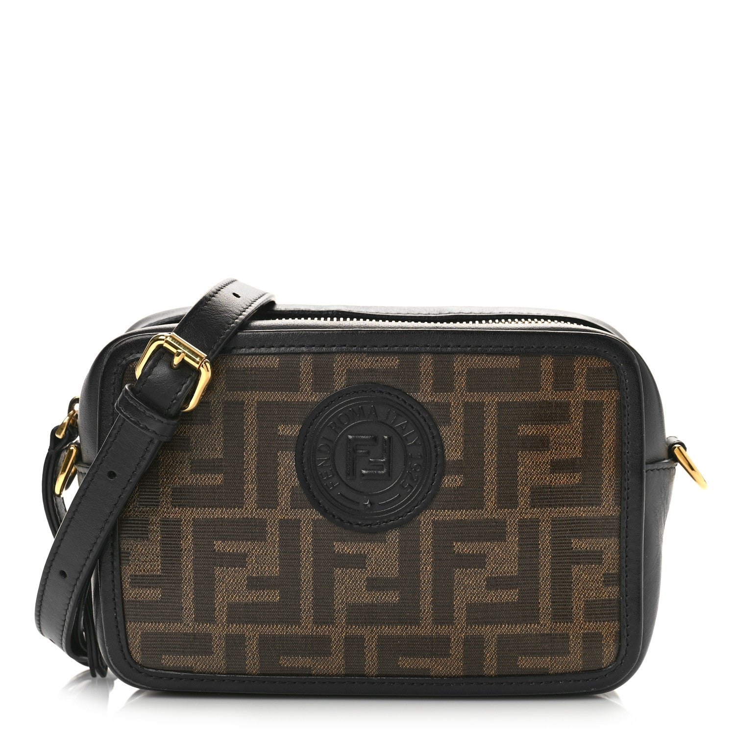 Fendi Glazed Fabric Vitello Century FF 1974 Stamp Patch Mini Camera Case Mogano Panna Black 1 of 9