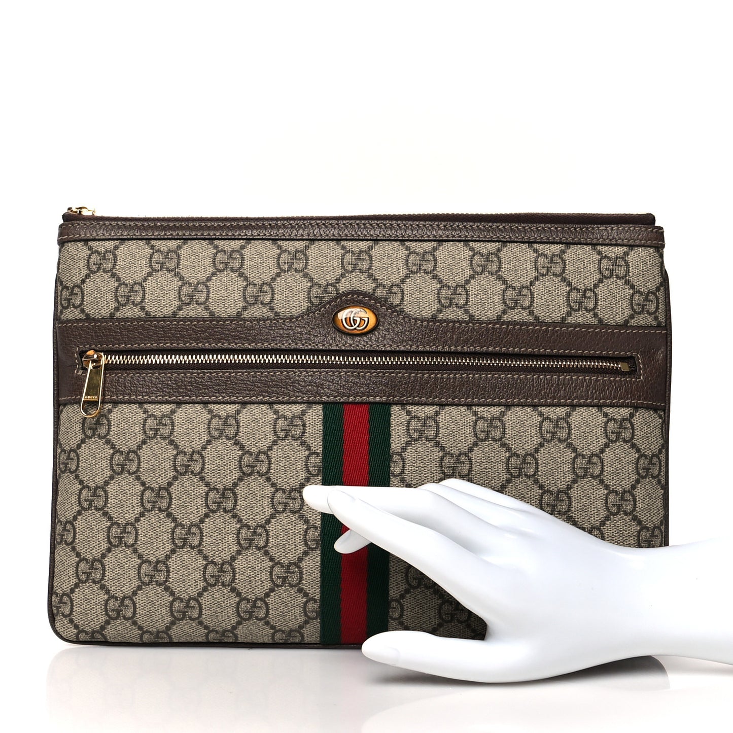 GG Supreme Monogram Large Ophidia Pouch Clutch Brown