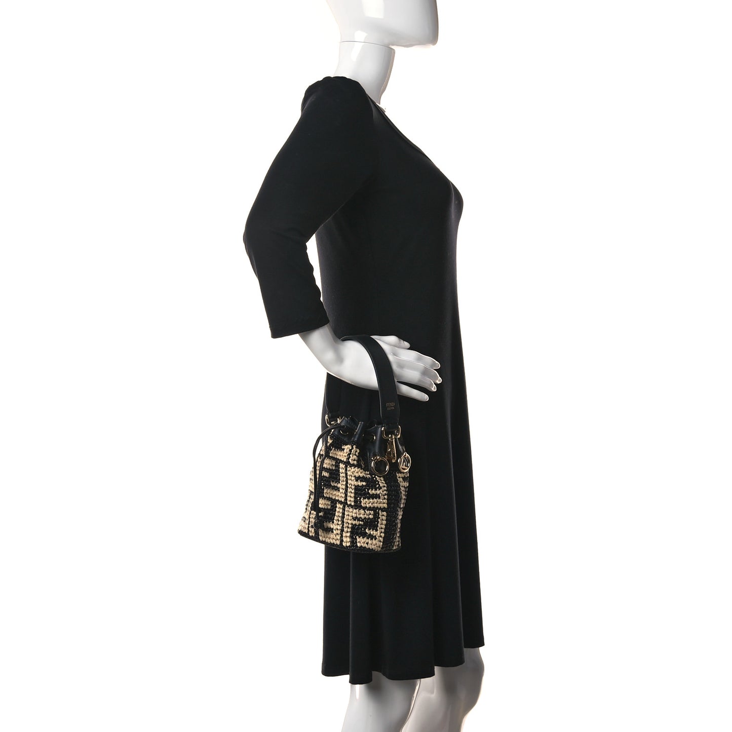 Raffia Vitello Seta F is Fendi FF Woven Mini Mon Tresor Bucket Bag Black Natural