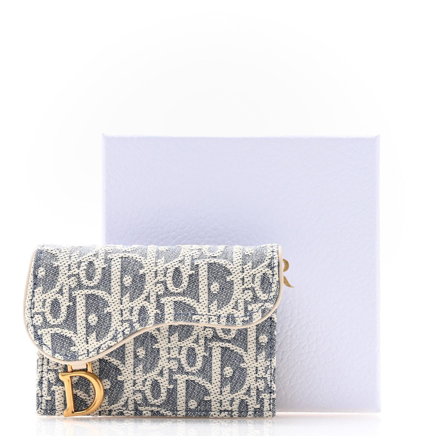 Christian Dior Chambray Raffia Effect Oblique Saddle Bloom Card Holder Blue Light Biscuit 8 of 8