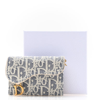 Christian Dior Chambray Raffia Effect Oblique Saddle Bloom Card Holder Blue Light Biscuit 8 of 8