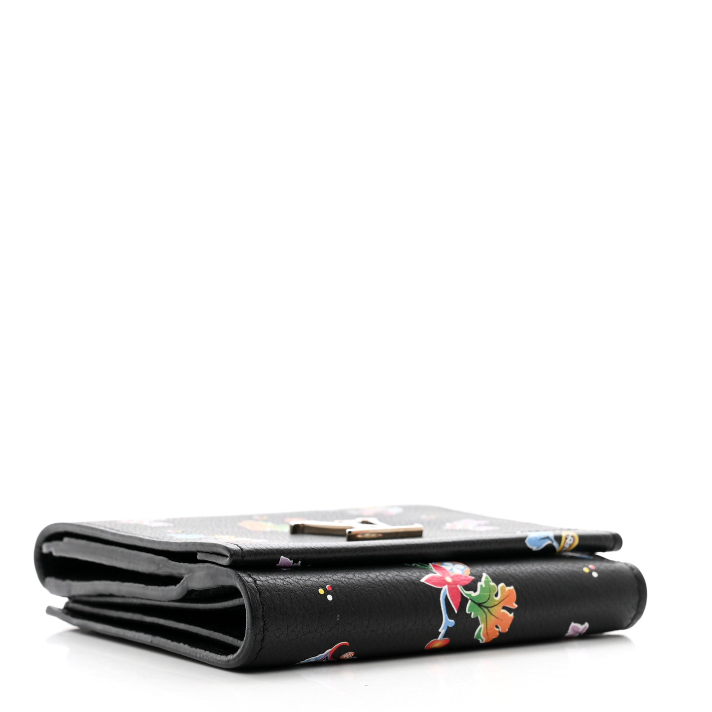 Calfskin LockMe II Floral Compact Wallet Black