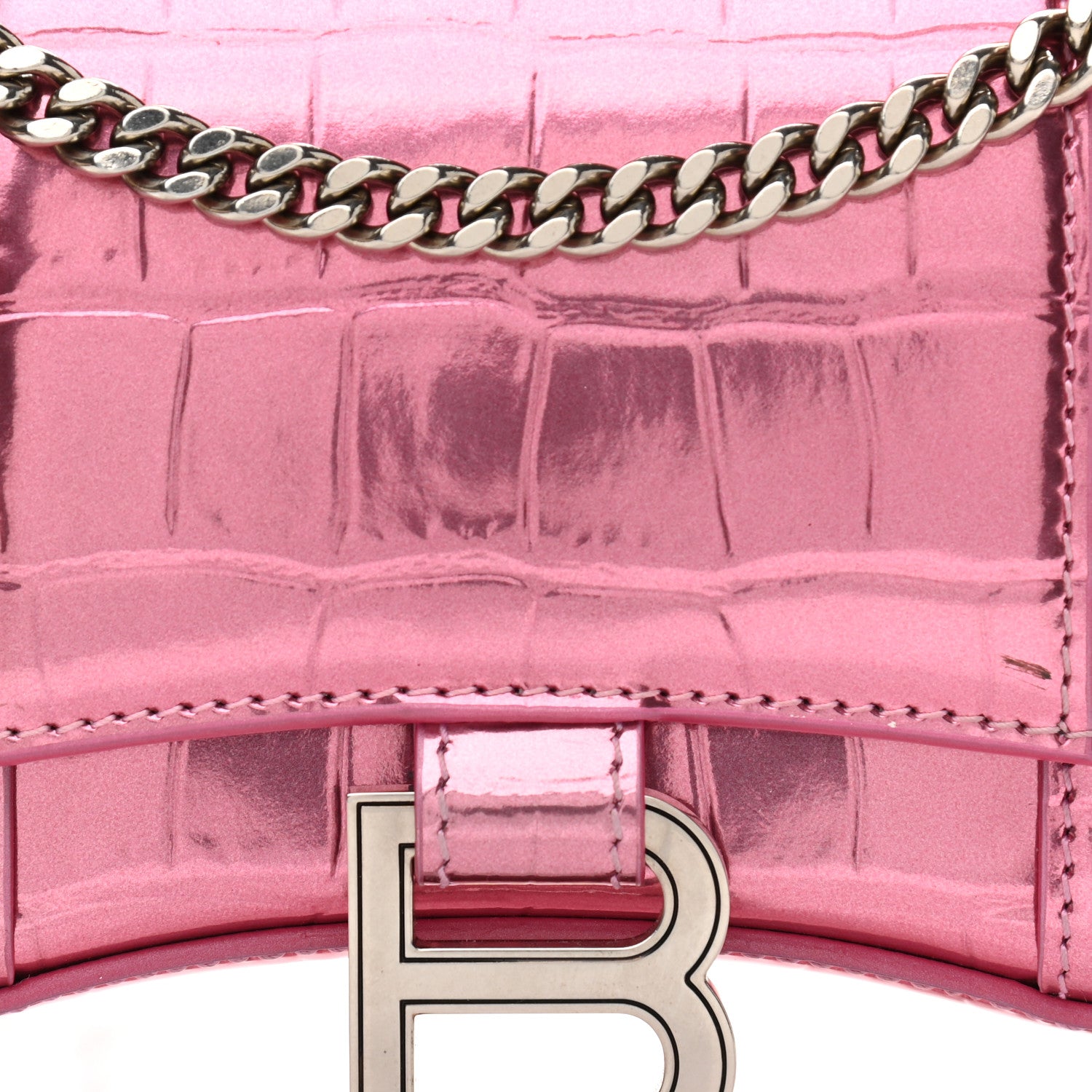 Balenciaga Metallic Shiny Calfskin Crocodile Embossed Hourglass Chain Bag Pink 7 of 10