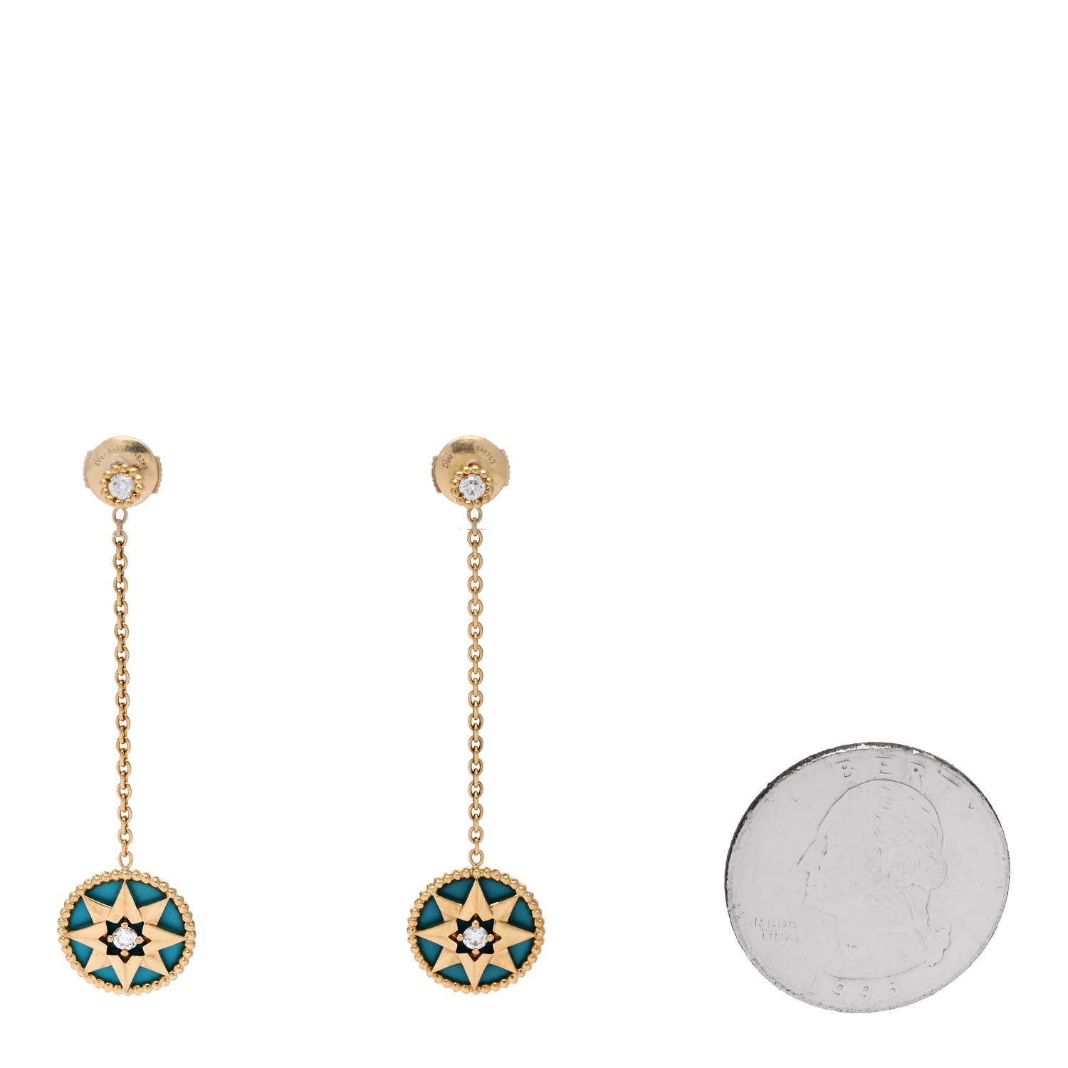 Christian Dior 18K Yellow Gold Diamond Turquoise Rose Des Vents Drop Earrings 2 of 5