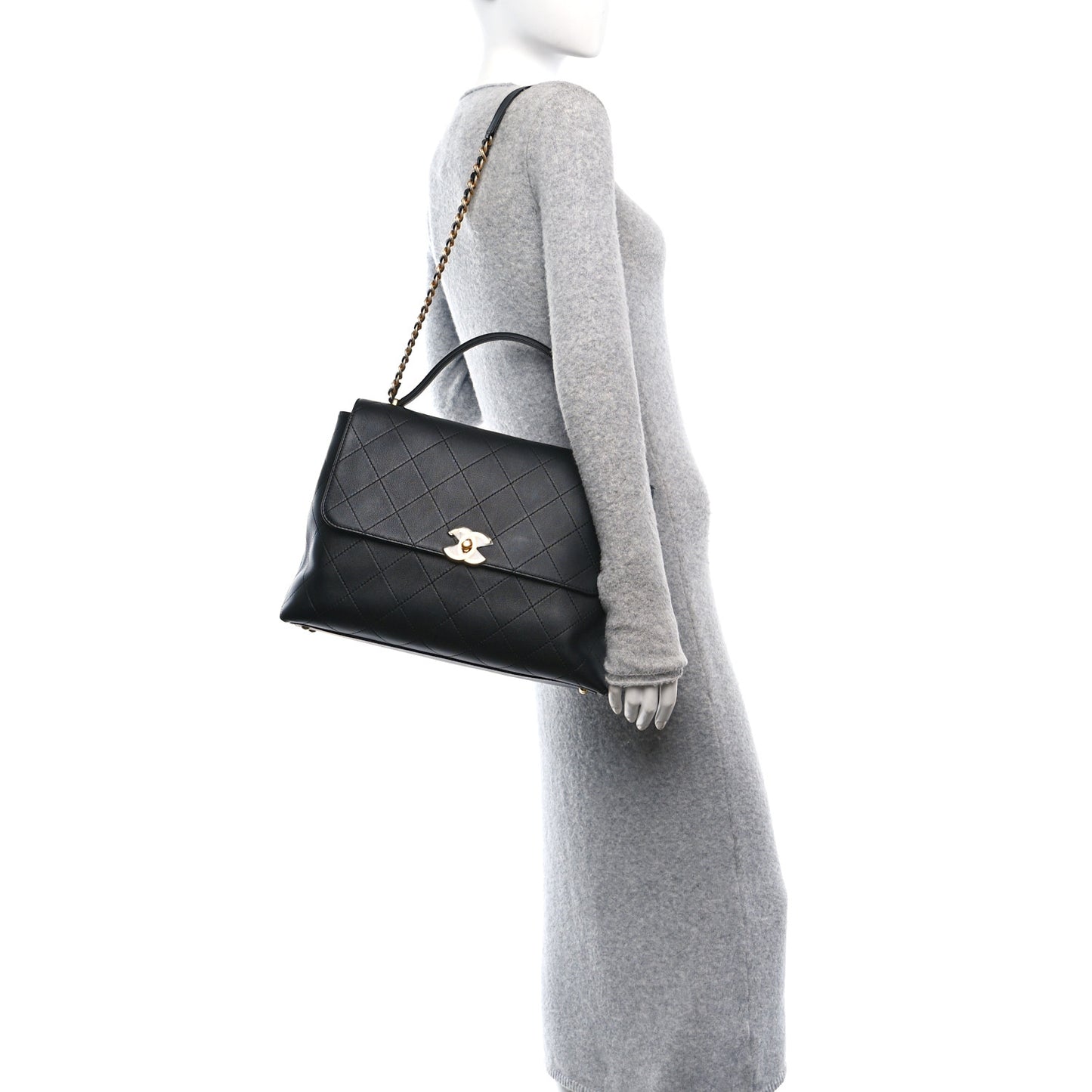 Calfskin Stitched Maxi Flap Top Handle Black