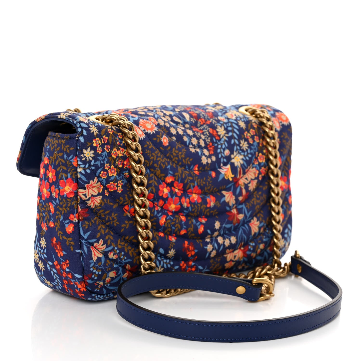 Gucci Cotton Calfskin Matelasse Floral Print Small GG Marmont Shoulder Bag Blue Red Deep Ocean Blue 3 of 10