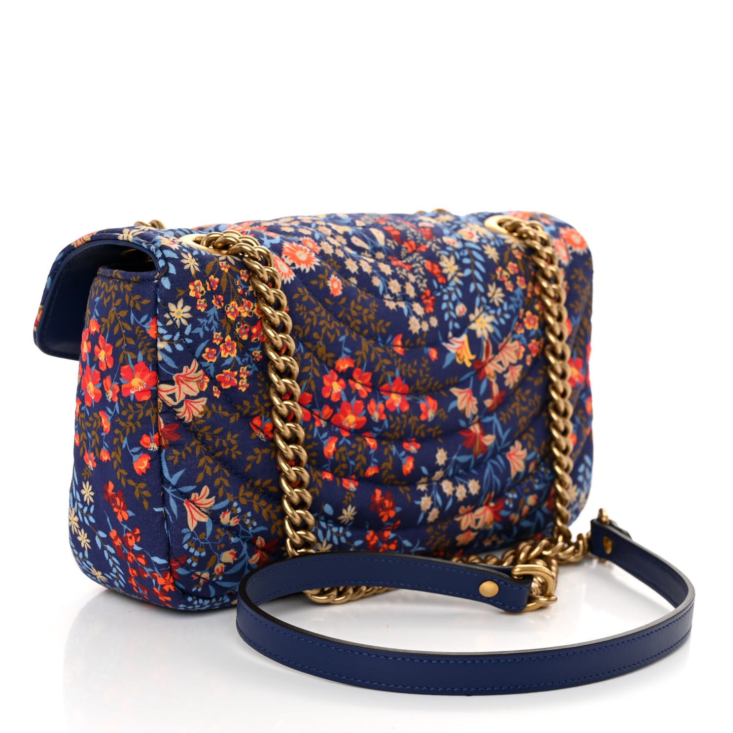 Cotton Calfskin Matelasse Floral Print Small GG Marmont Shoulder Bag Blue Red Deep Ocean Blue
