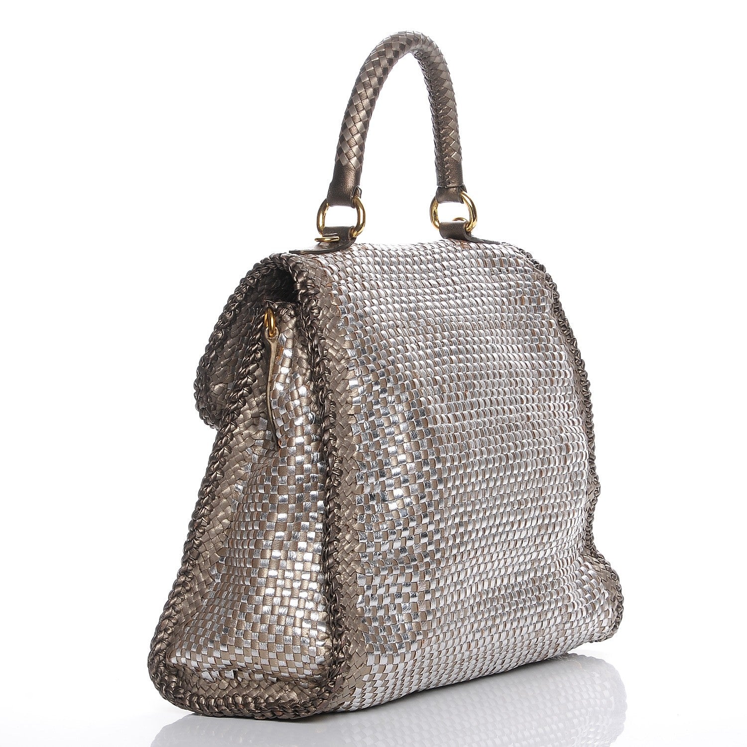Prada Metallic Goatskin Woven Top Handle Satchel Silver Gold 3 of 9