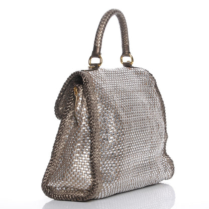 Prada Metallic Goatskin Woven Top Handle Satchel Silver Gold 3 of 9
