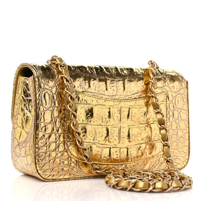 Chanel Metallic Calfskin Crocodile Embossed Cocodile Rectangular Mini Flap Gold 3 of 9